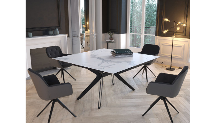 ATTRAIT - Table 2 allonges rétractables marbre blanc mat