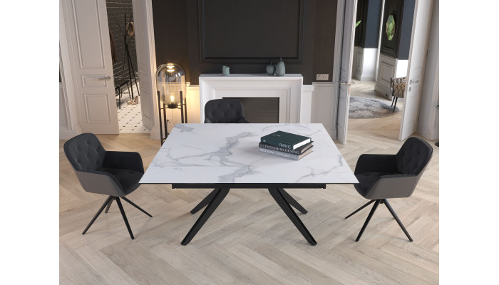 ATTRAIT - Table 2 allonges rétractables marbre blanc mat