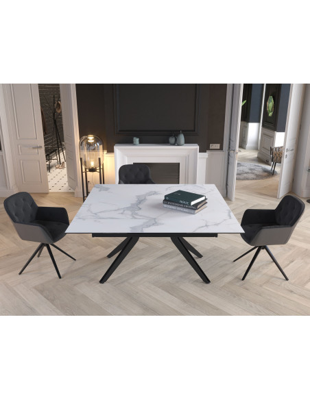 ATTRAIT - Table 2 allonges rétractables marbre blanc mat